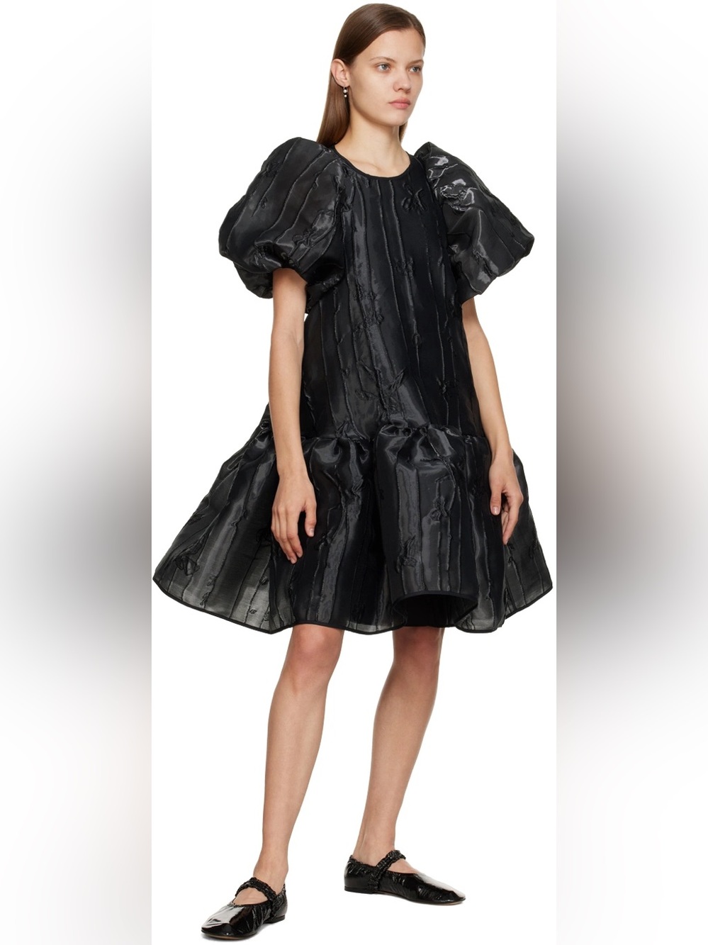 Cecilie Bahnsen Alexia Black Textured Balloon-Sleeve mini Dress